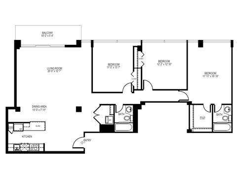 Floor plan for 3 beds, 2 baths, 1570 sqft